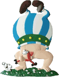 Relieffigur Obelix macht Handstand